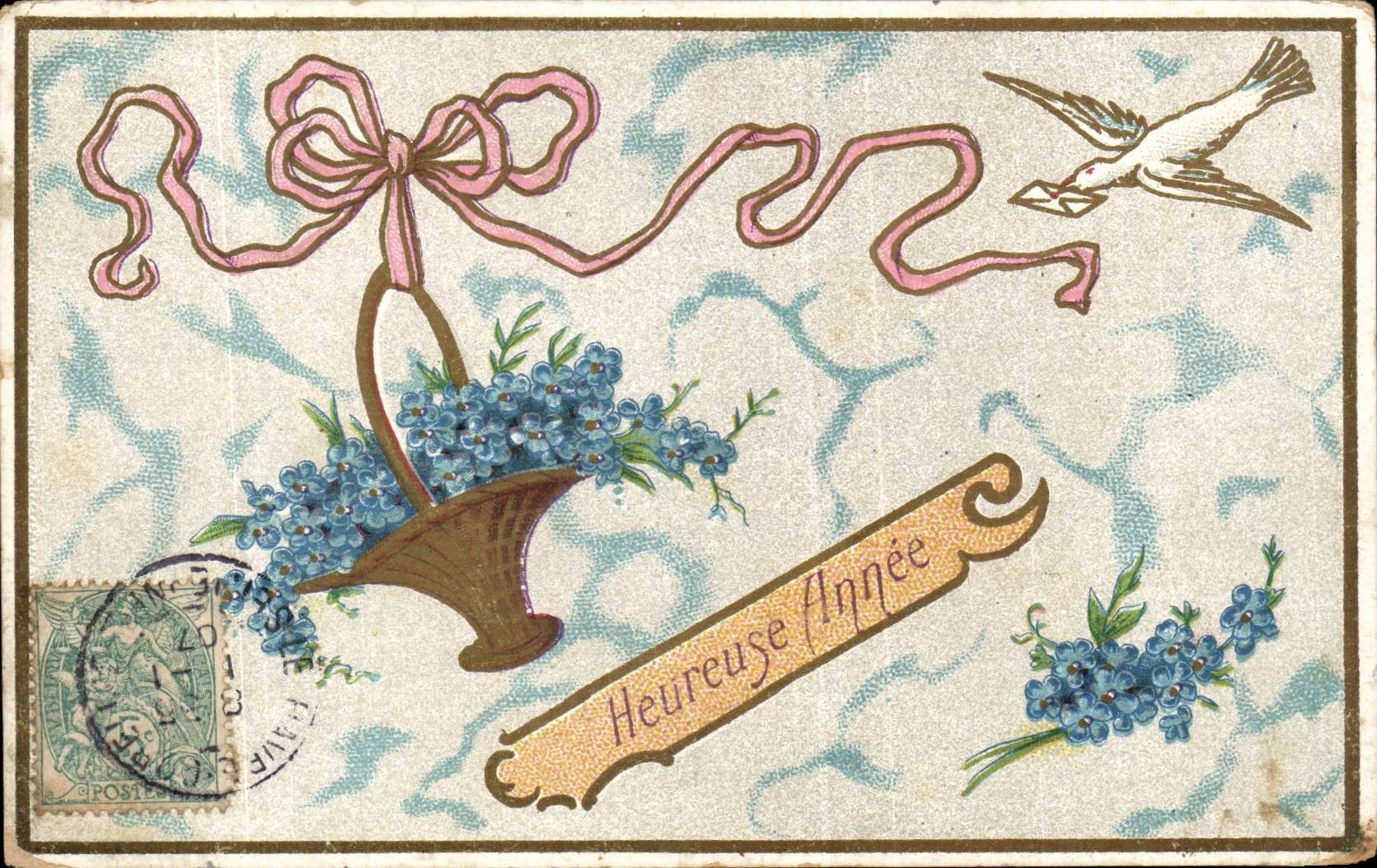Fleurs - Flowers - Heureuse Annee - Victorian Image - bird - oiseau - CPA 