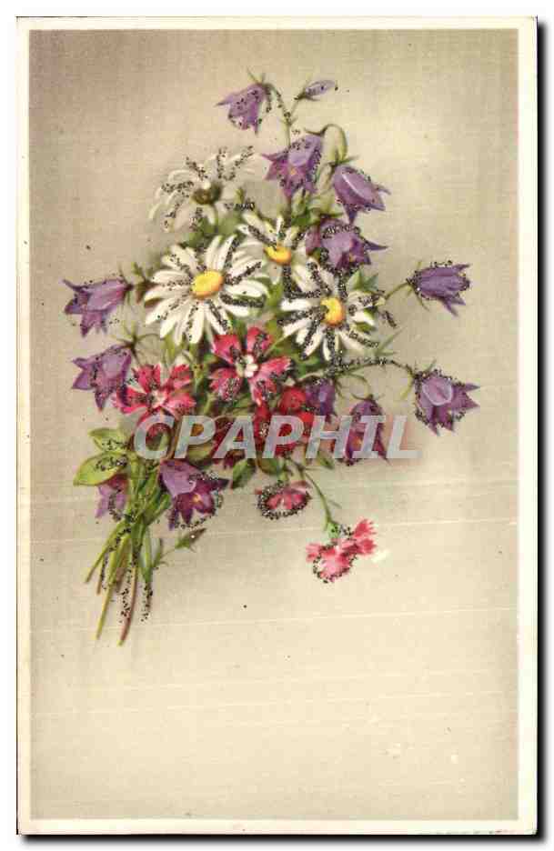 Fleurs - Flowers - bouquet outlined in glitter - CPA 