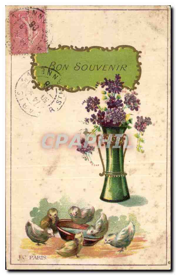 Fleurs - Flowers - Bon Souvenir - Vase of flowers - Victorian - CPA Poussins