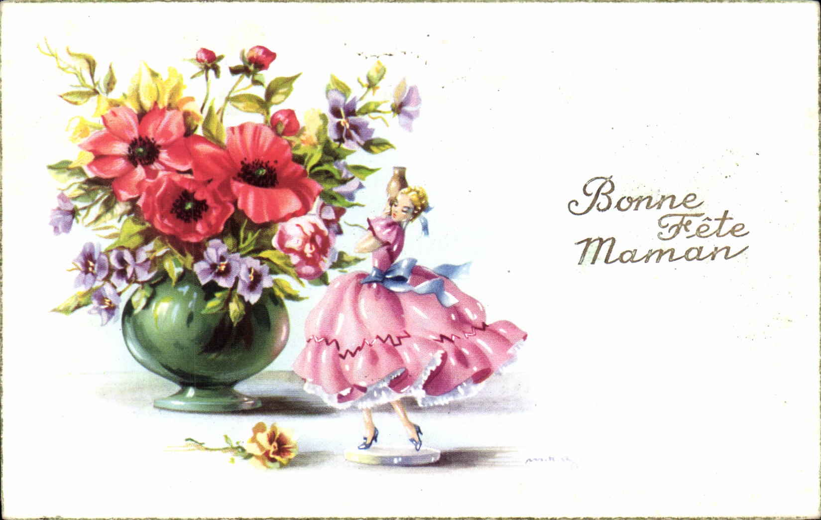 Fleur - Flowers - victorian - bouquet - Bonne Fete Maman - dancer - CPA 