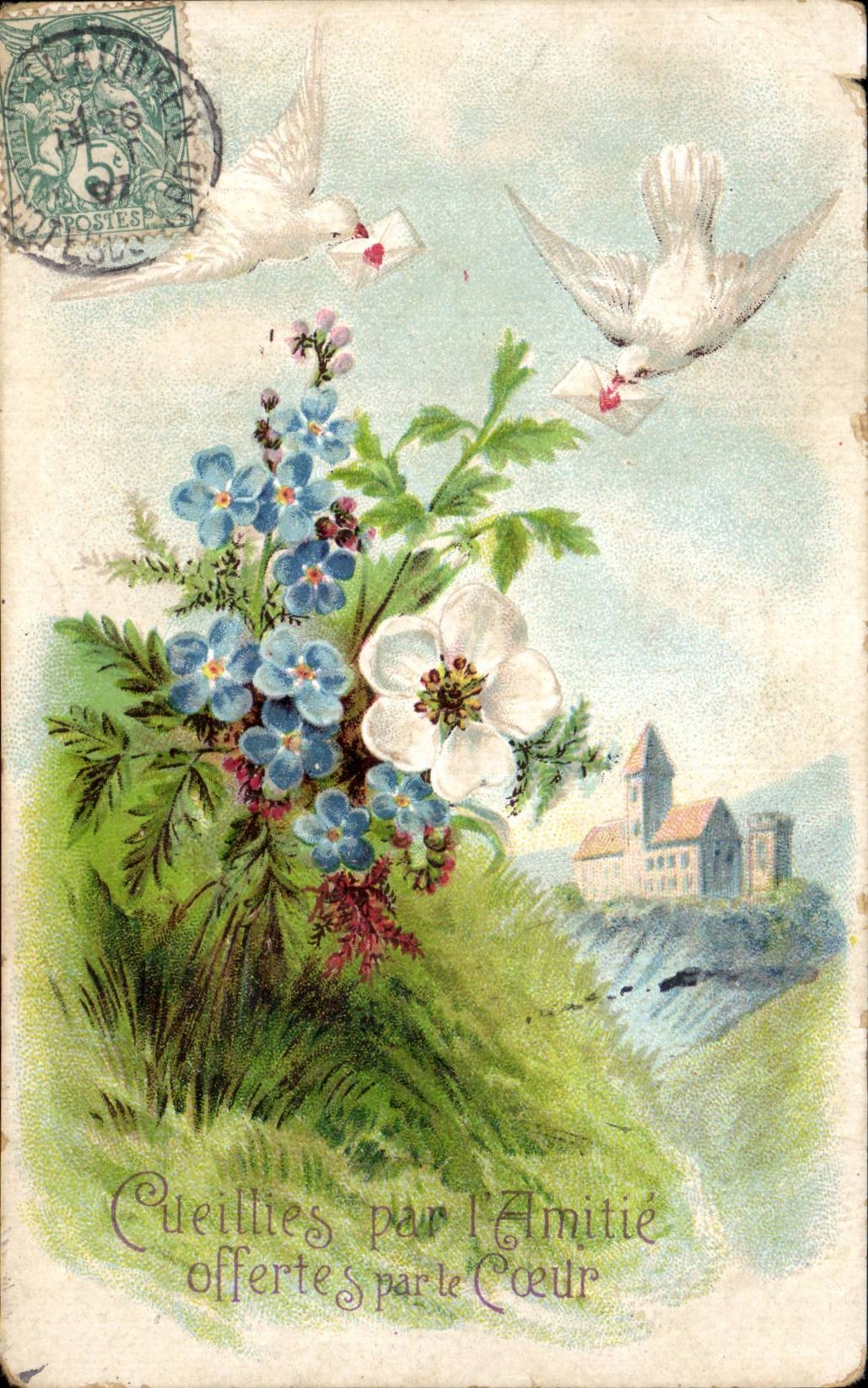 Fleur - Flowers - victorian - pretty bouquet - doves - oiseau - CPA 