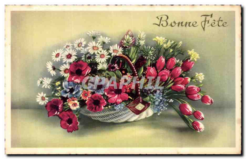 Fleur - Flowers - victorian - basket of daisies - Bonne Fete - CPA 