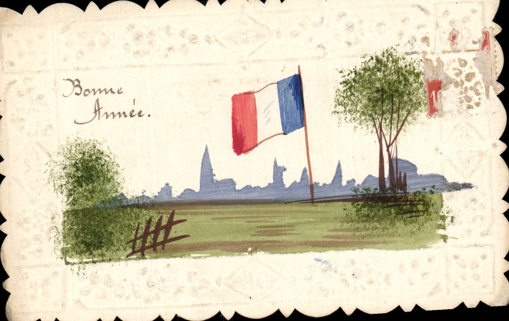 Fetes - Bonne Annee - Drapeau - French flag - CPA handpainted peint a la main