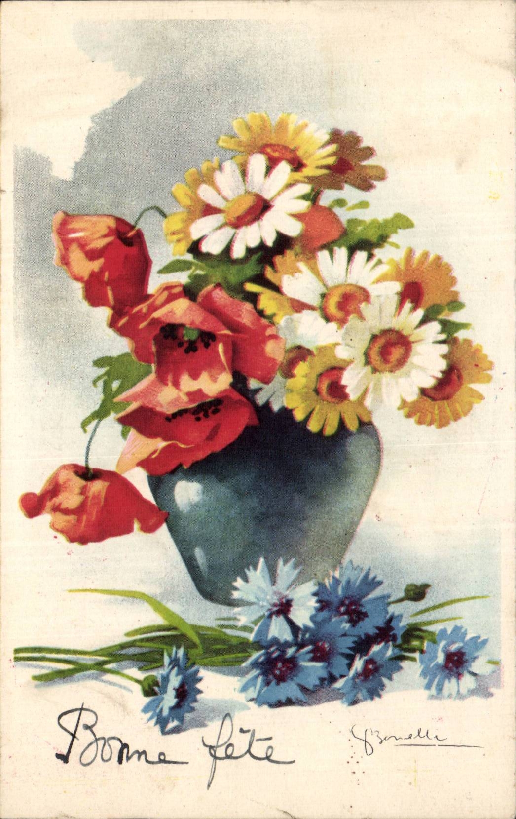 Fleurs - Flowers - vase of daisies - CPA 