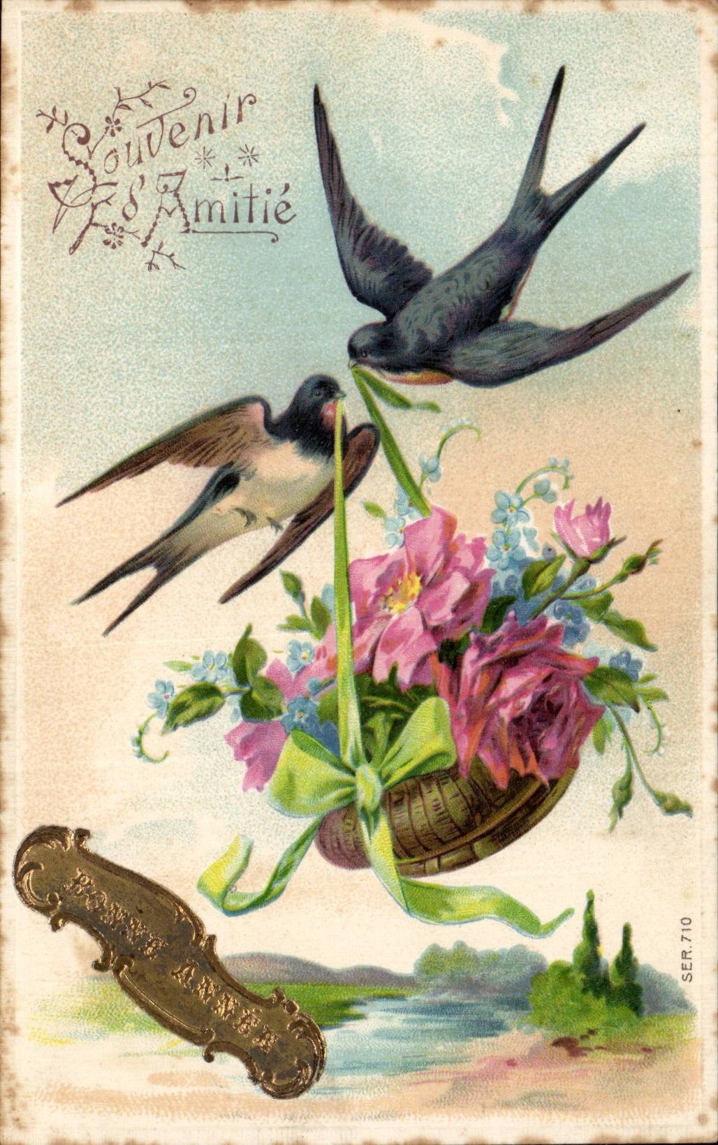 Fleurs - Flowers - victorain - oiseau - swallow - bird - CPA Hirondelle