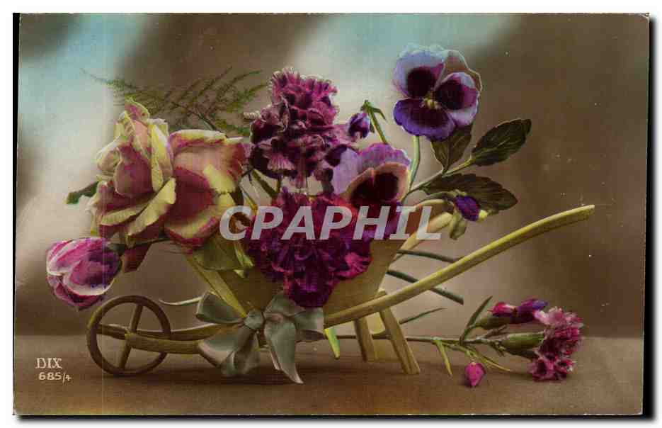 Fleurs - Flowers - wheelbarrow of roses and pansies - pensee - CPA 