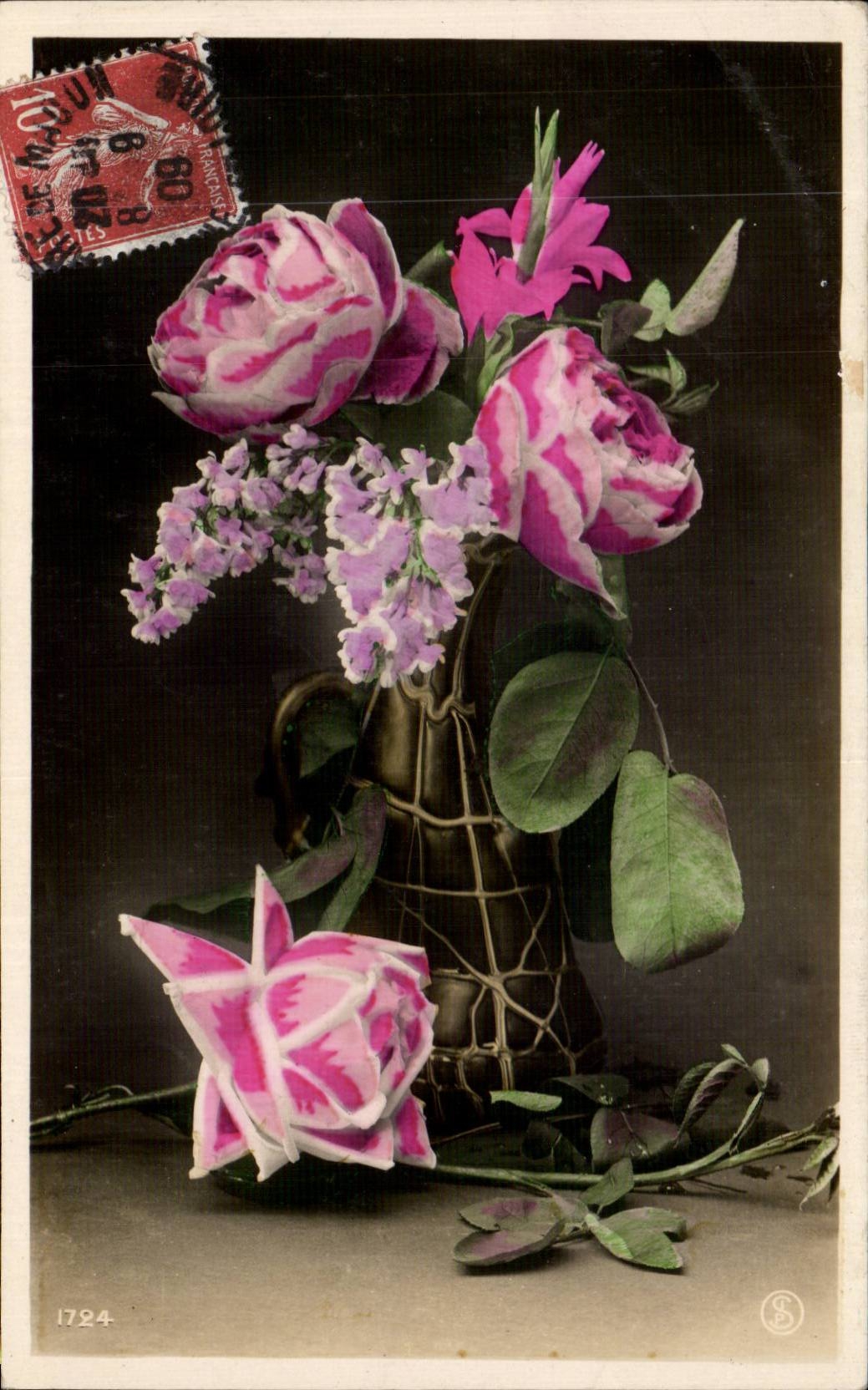 Fleurs - Flowers - victorian vase of flowers - CPA 