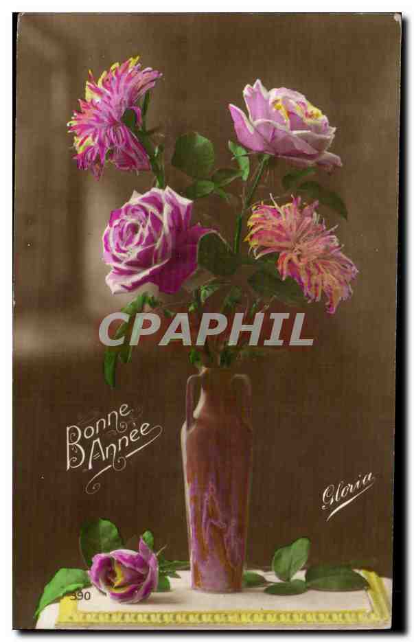 Fleurs - Flowers - vase of pink flowers - CPA 