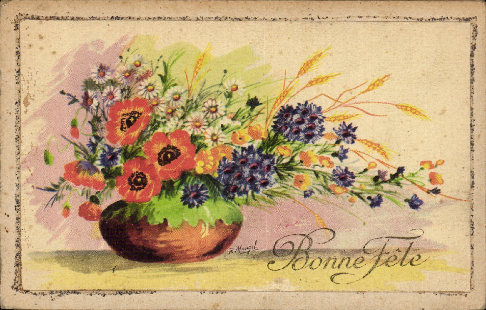 Fleurs - Flowers - county flowers with wheat - Bonne Fete - CPA 