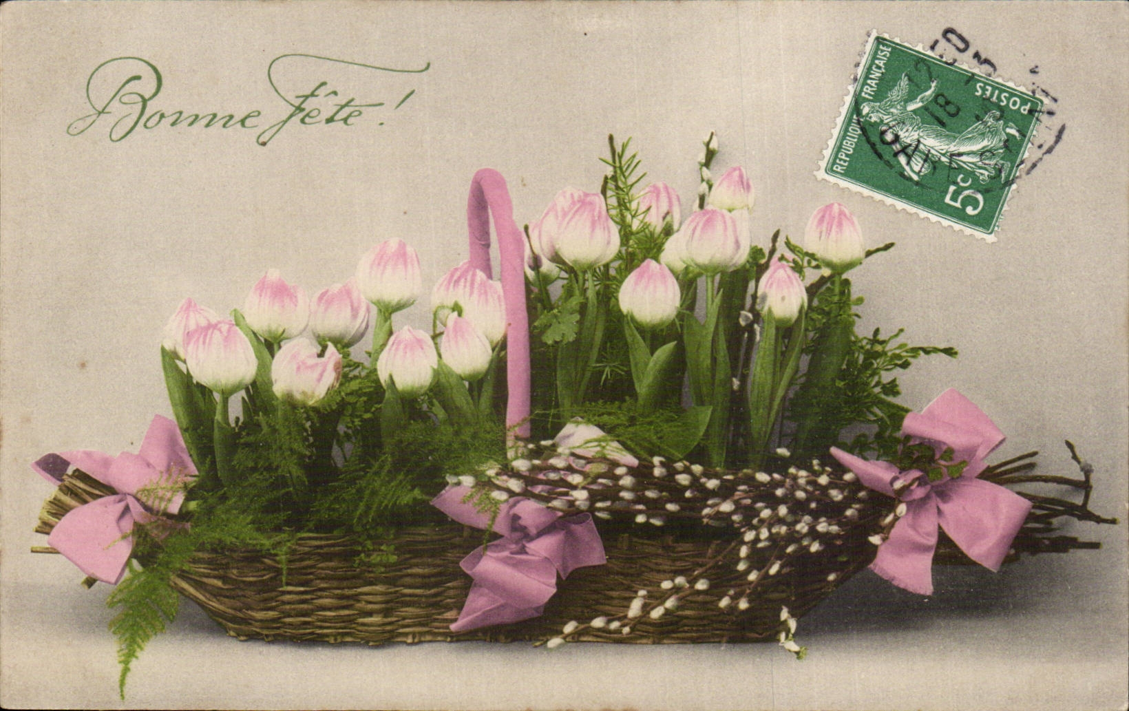 Fleurs - Flowers - pretty basket - Bonne Fete - CPA 