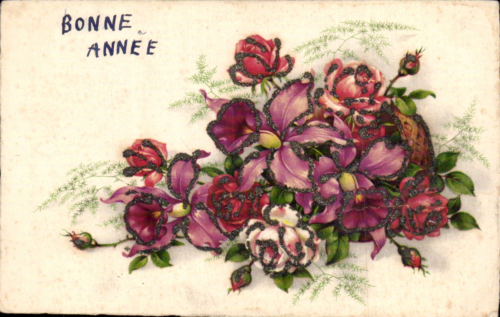 Fleurs - Flowers - Bonne Annee - Glitter lined roses - CPA 