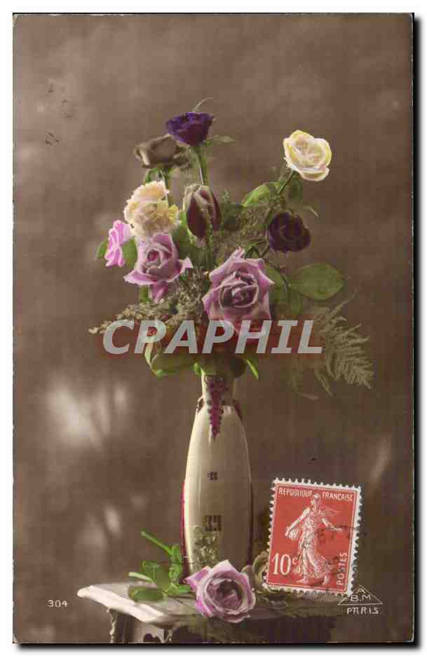 Fleurs - Flowers - vase of roses - CPA 
