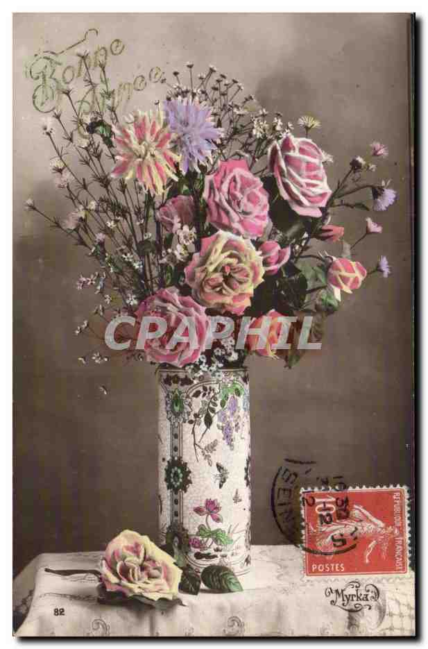 Fleurs - Flowers - vase of roses - victorian - CPA 