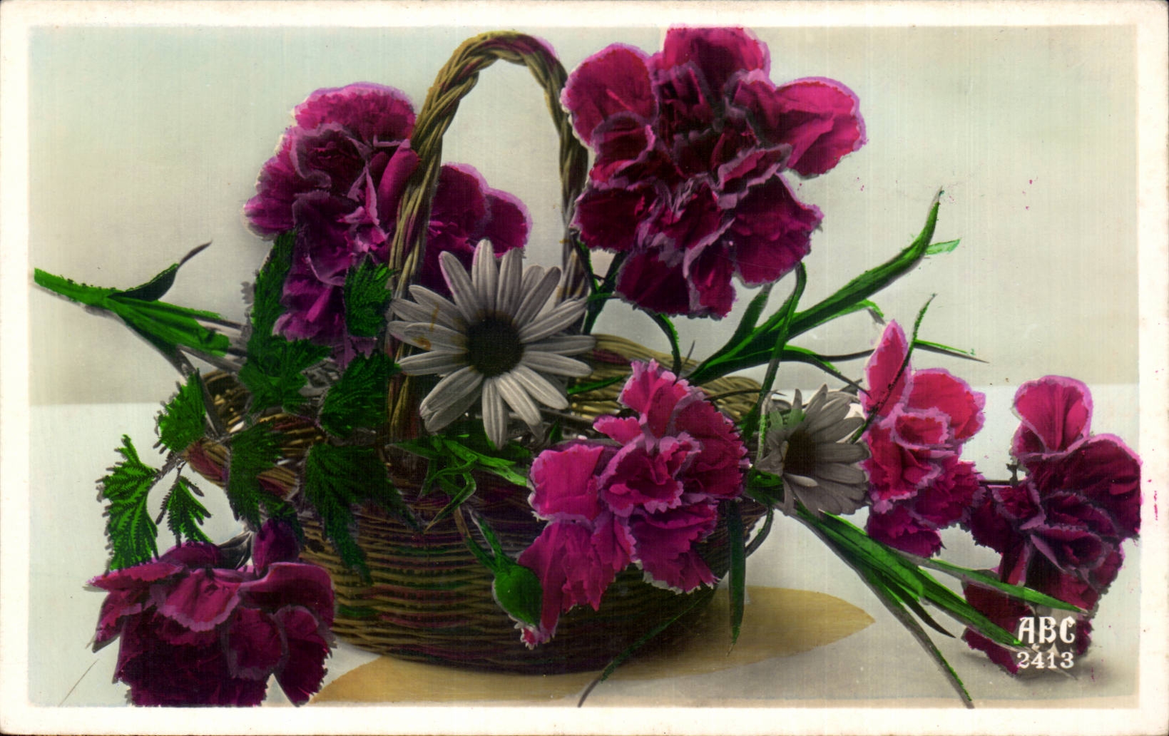 Fleurs - Flowers - purple flowers in basket - CPA 
