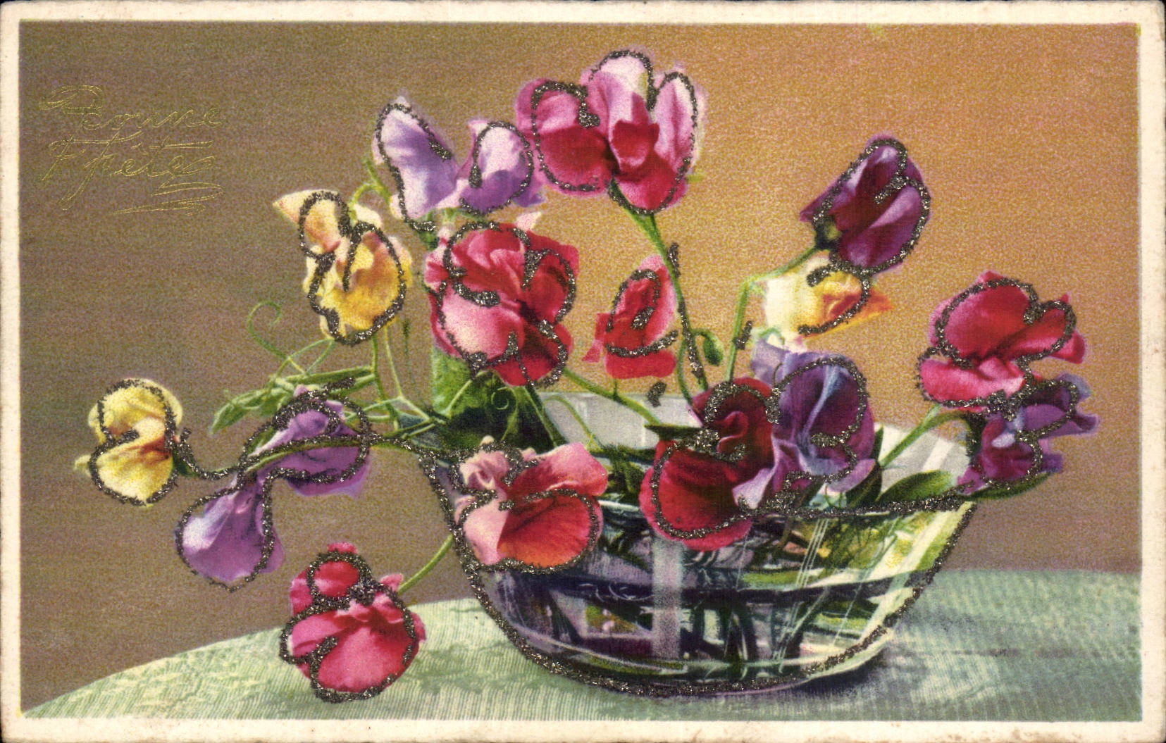 Fleurs - Flowers - glitter lined flowers in glass bowl - CPA 