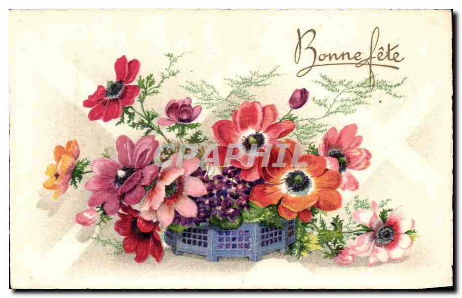 Fleurs - Flowers - Bonne Fete - Colorful flowers in blue lattice pot - CPA 