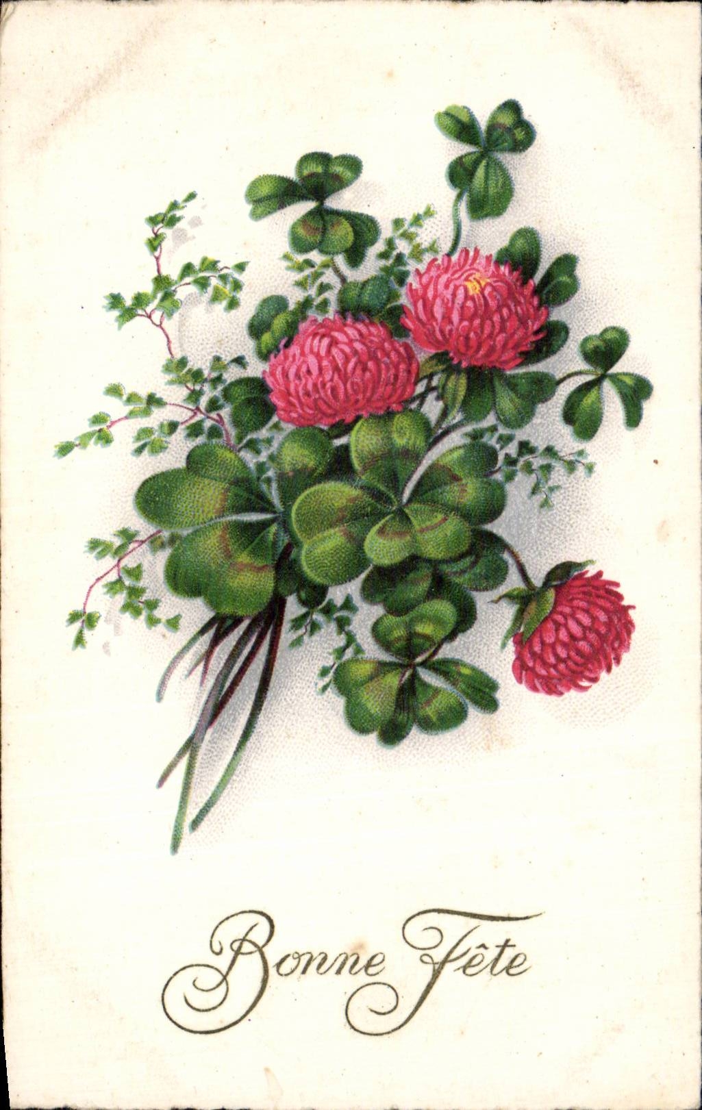 Fleurs - Flowers - clover and flowers - trefle - porte bonheur - CPA 