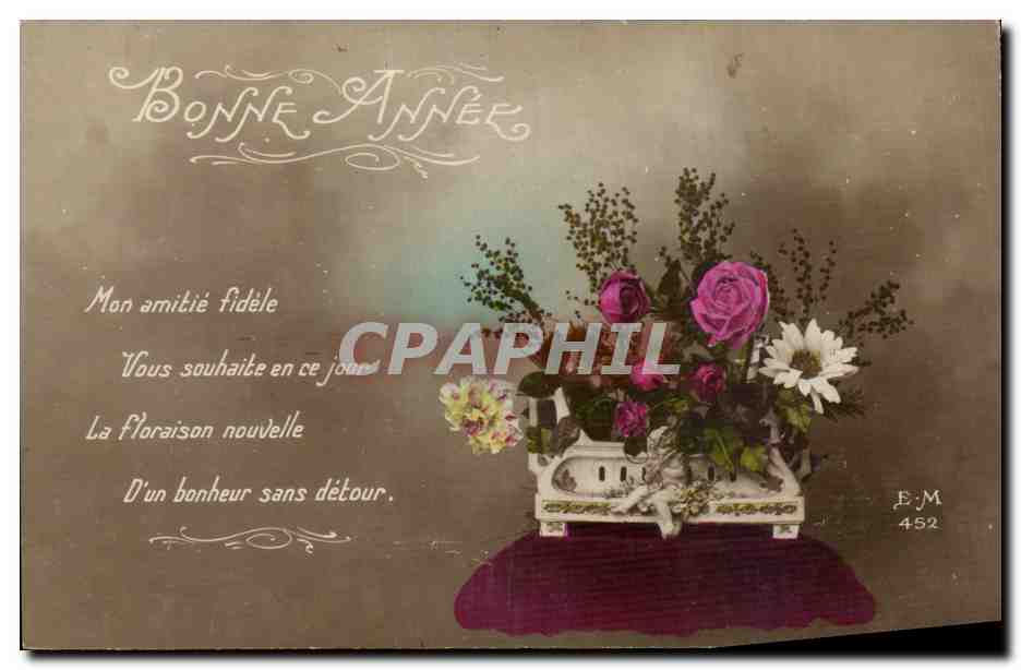 Fleurs - Flowers - Bonne Annee - flowers in pretty victorian pot - CPA 
