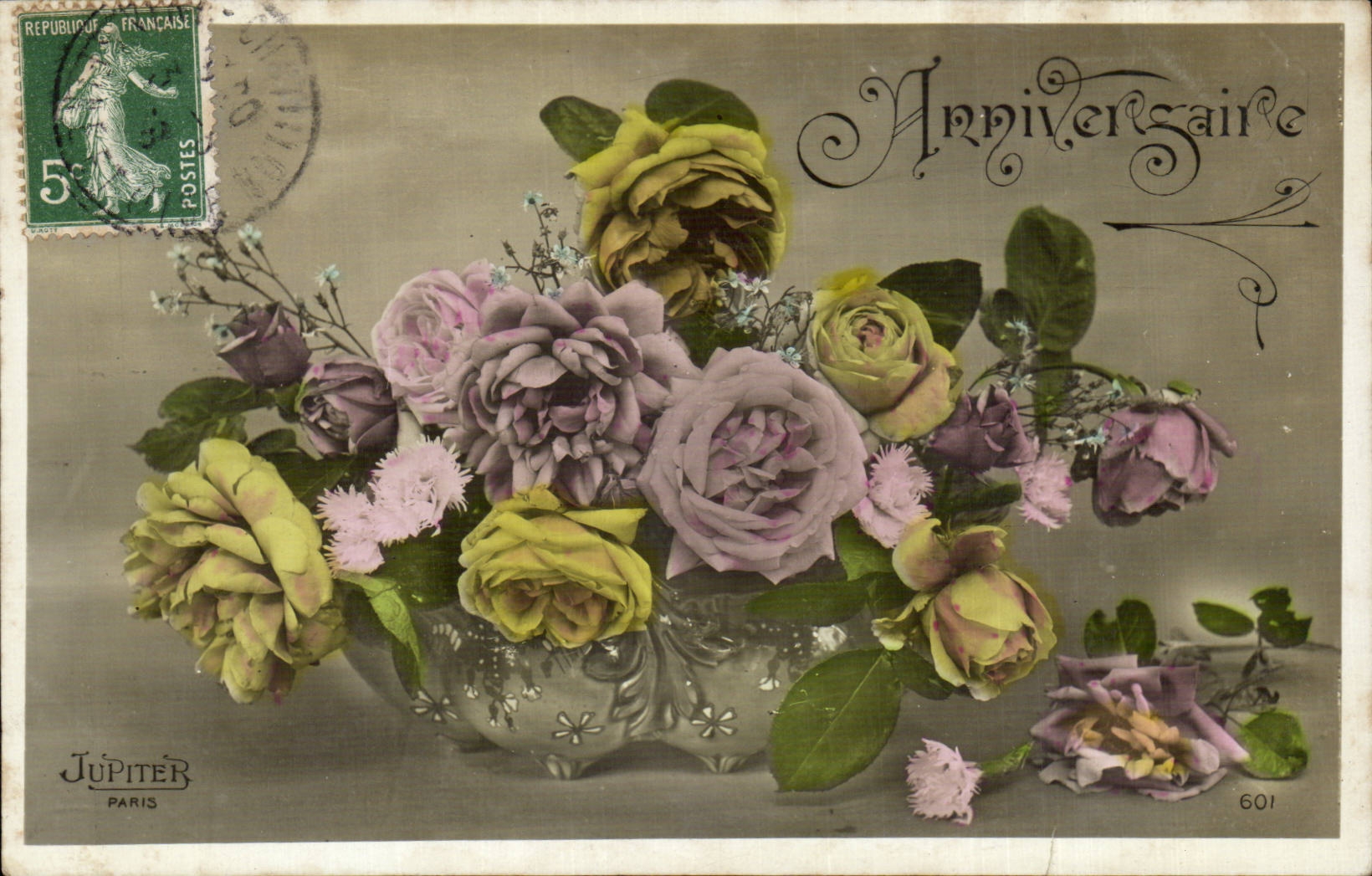 Fleurs - Flowers - victorian - roses in decorative pot - CPA 