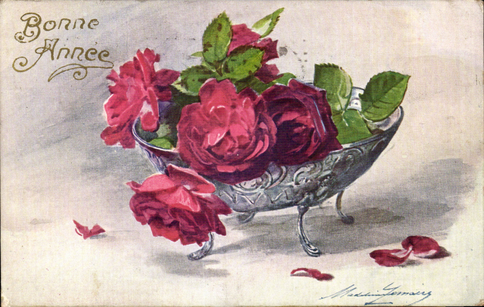 Fleurs - Flowers - victorian - roses in decorative pot - Bonne Annee - CPA 