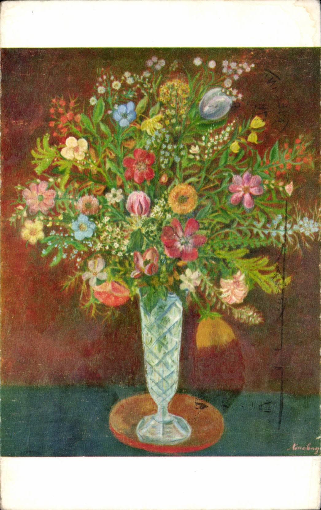 Fleurs - Flowers - pretty victorian vase and colorful bouquet - CPSM 