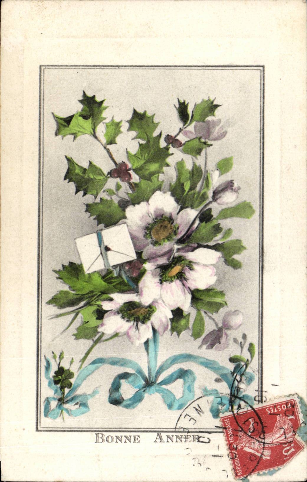Fleurs - Flowers - flowers with holly - houx - CPA 