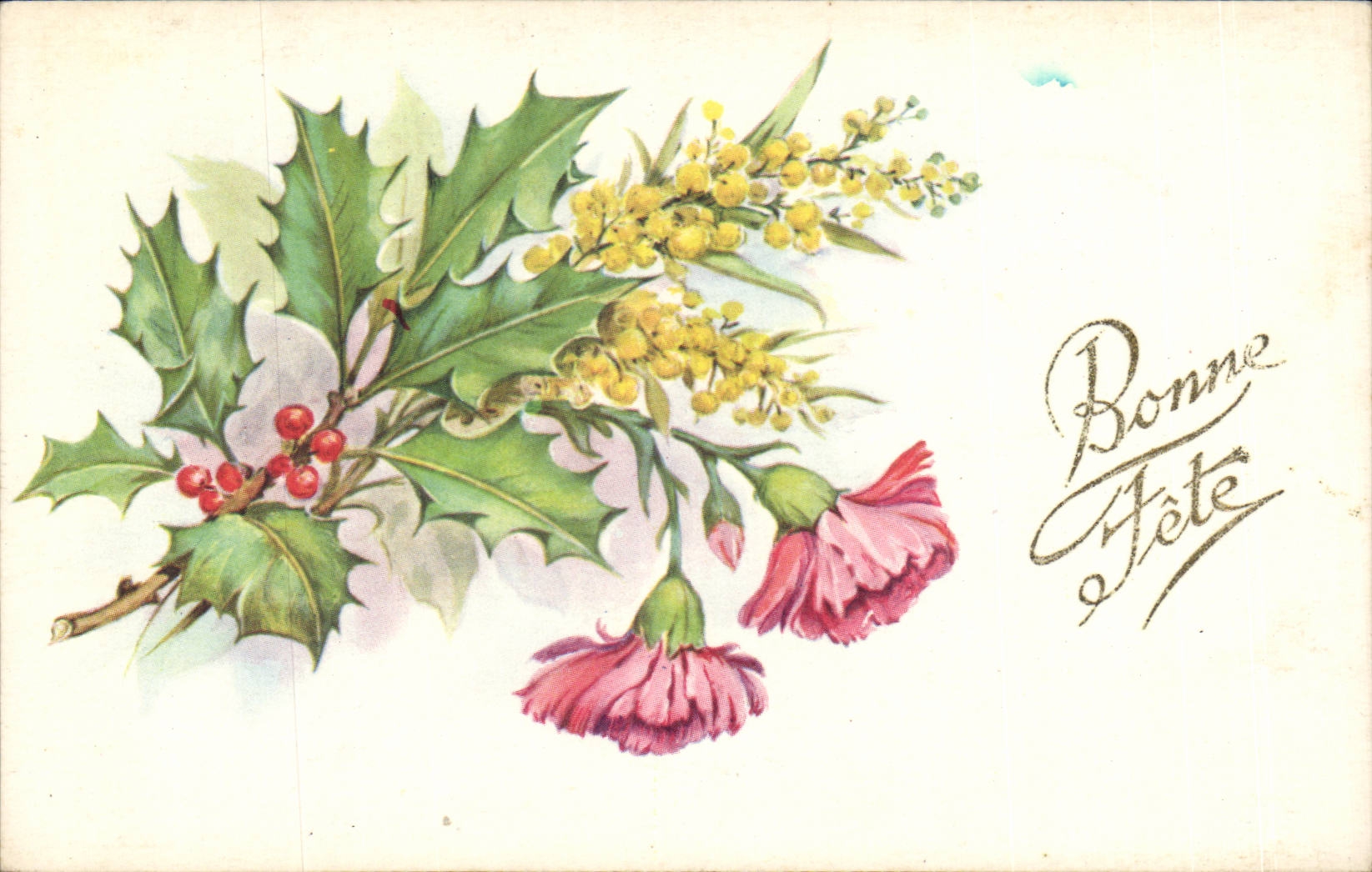 Fleurs - Flowers - flowers with holly - houx - CPA 