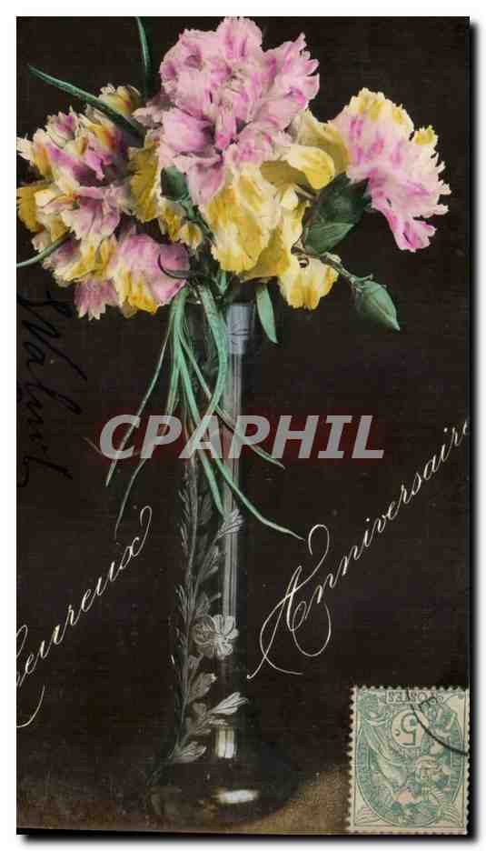 Fleurs - Flowers - glass vase with yellow flowers - CPA 