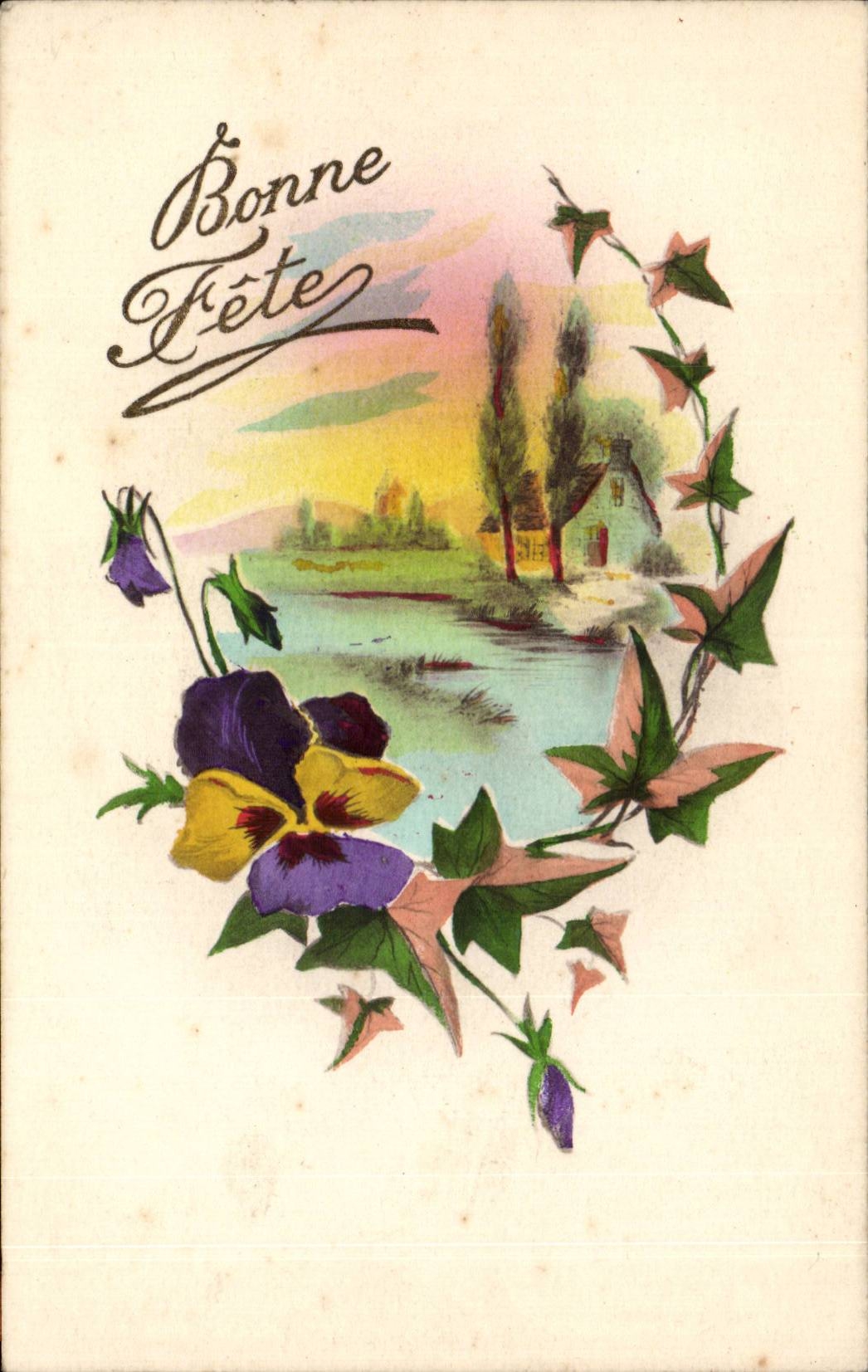 Fleurs - Flowers - lcountry scene - yelow pansy - pensee - Bonne Fete - CPA 