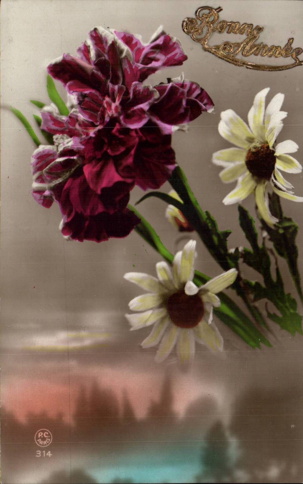 Fleurs - Flowers - blooms and country scene - CPA 