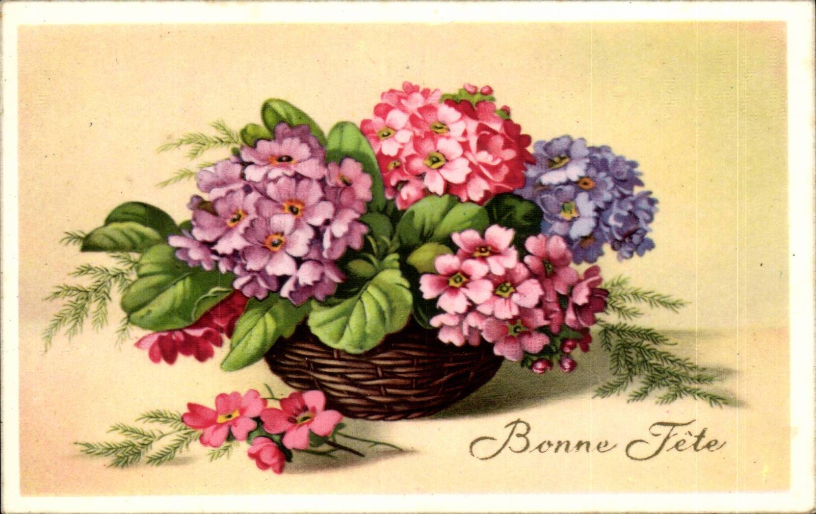 Fleurs - Flowers - little basket of flowers - Bonne Fete - CPA 