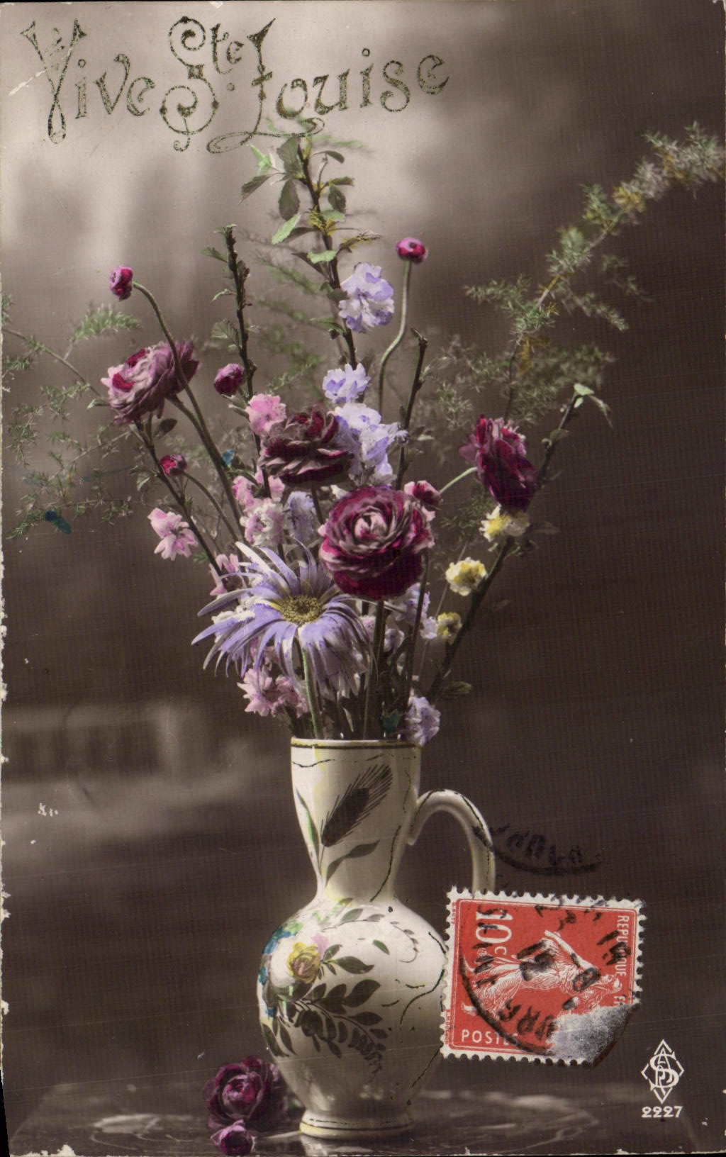 Fleurs - Flowers - Vive Ste Louise - victorian vase - CPA 