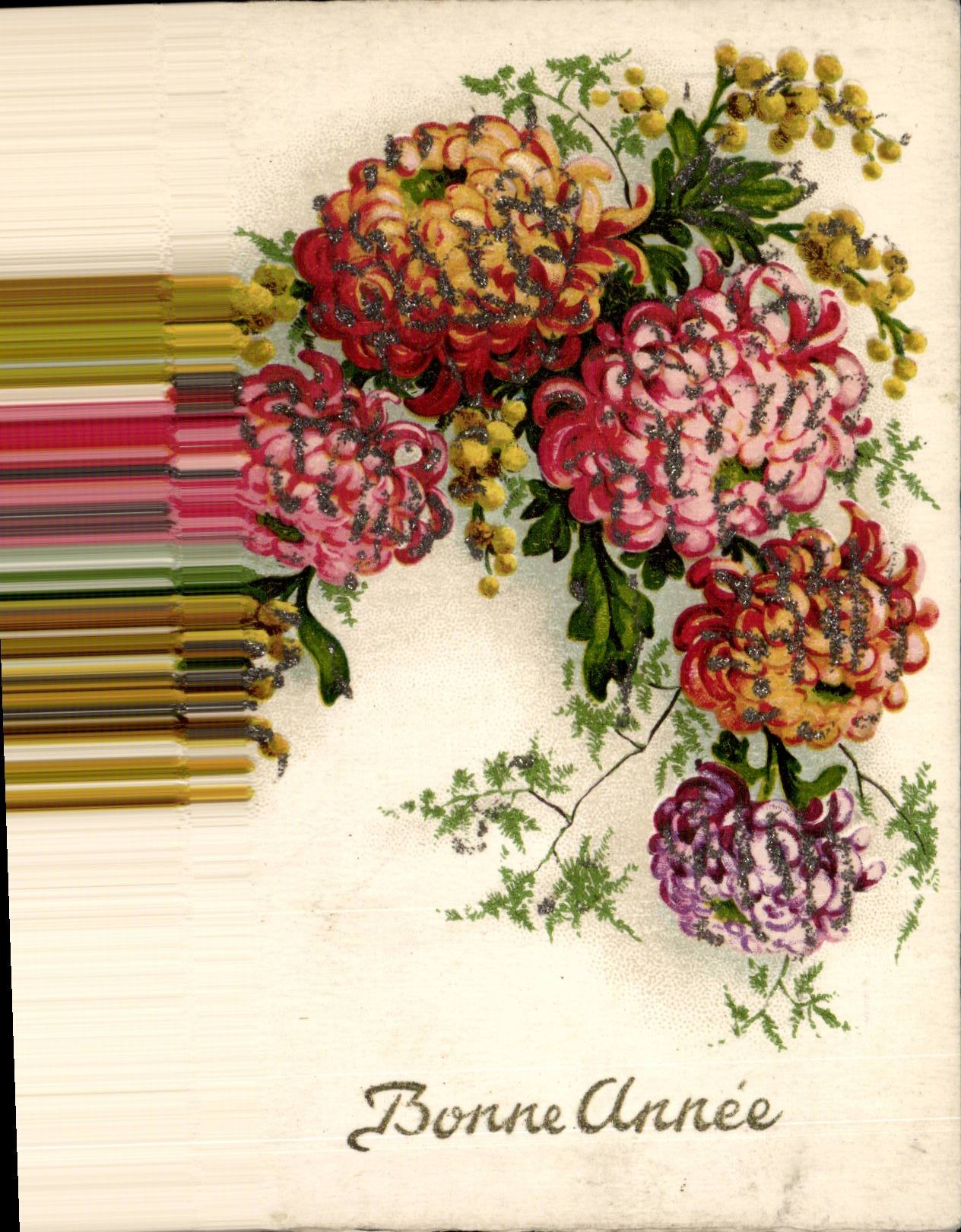 Fleurs - Flowers - colorful bouquet - glitter outlining - CPA 