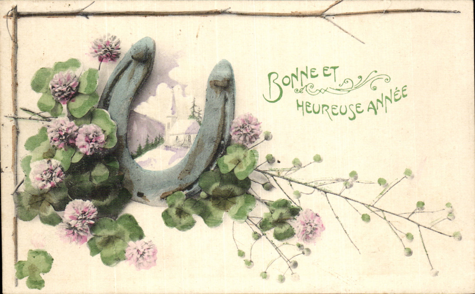 Fleurs - Flowers - trefle - clover - horseshoe - fer a cheval - Bonne Annee - CPA 