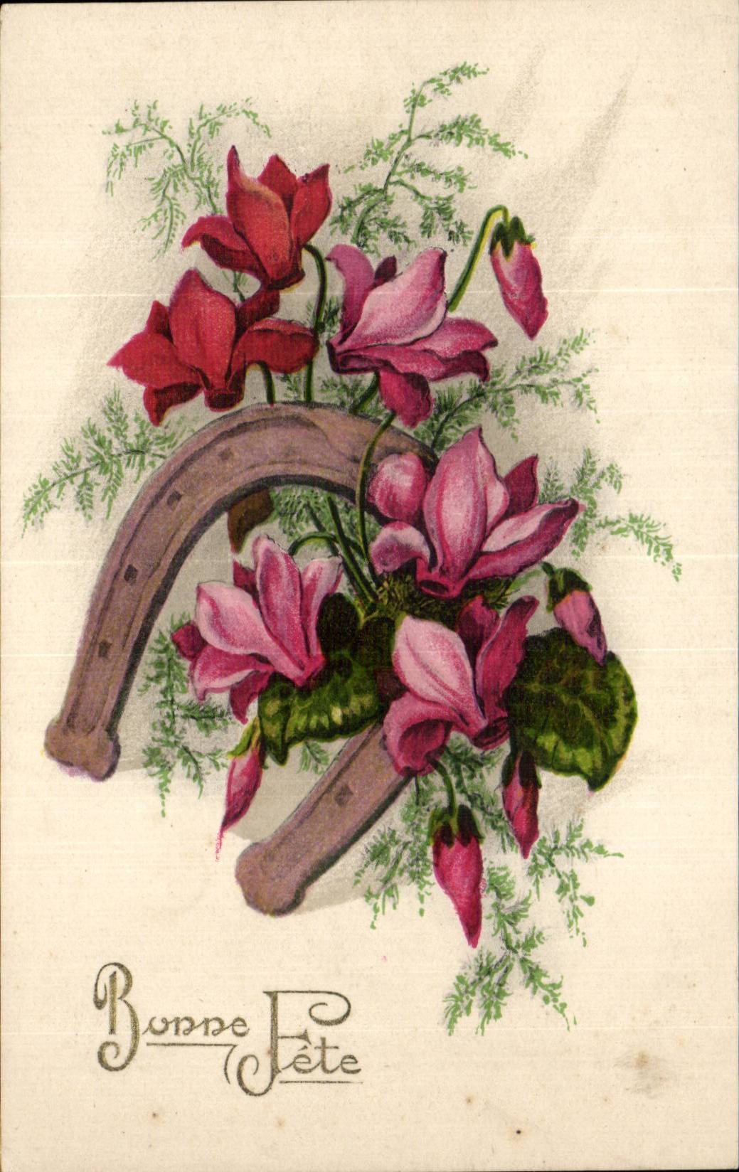 Fleurs - Flowers - - horseshoe - fer a cheval - Bonne Fete - CPA 