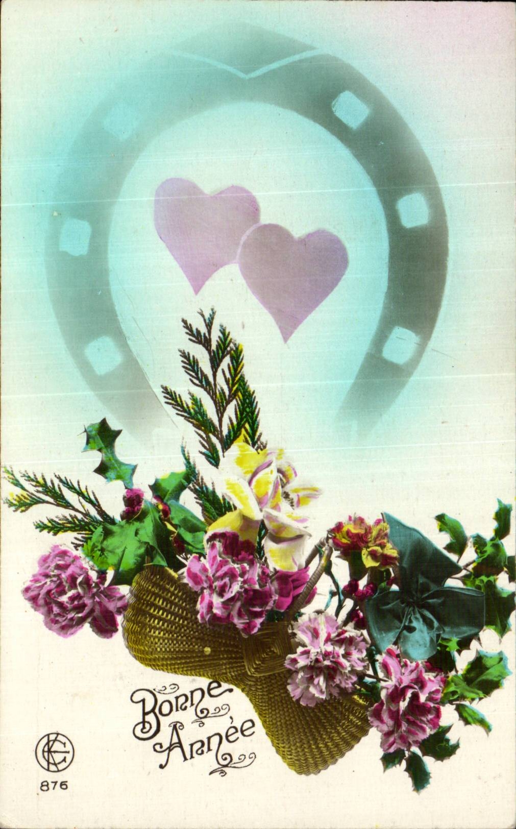 Fleurs - Flowers - - horseshoe - fer a cheval - coeur - heart - CPA 