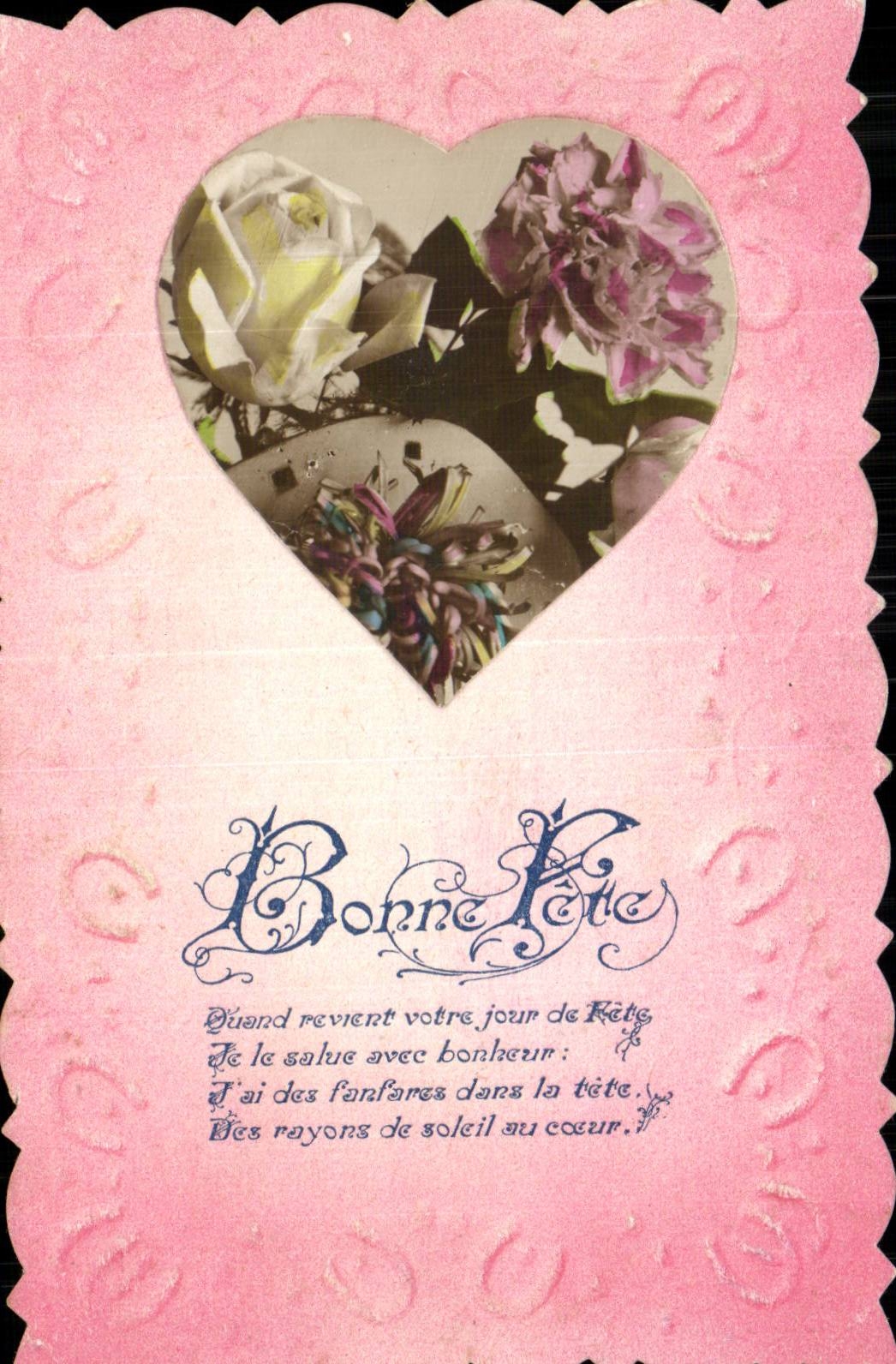 Fleurs - Flowers - coeur - heart - embossed - relief - CPA 