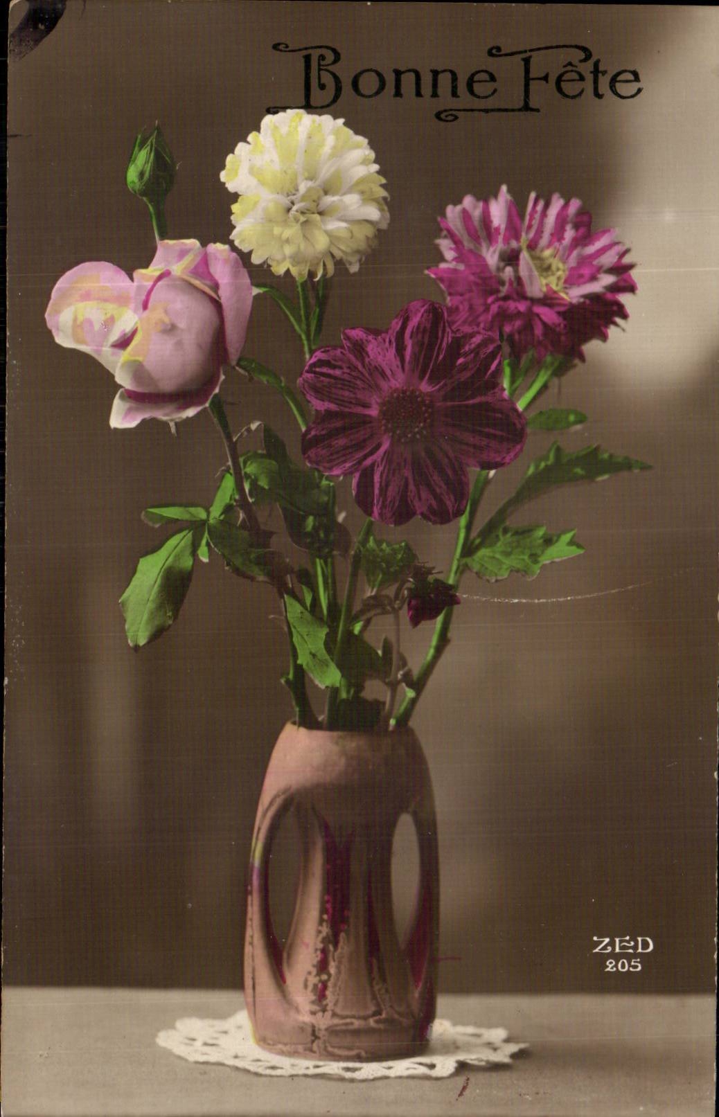 Fleurs - Flowers in vase - Bonne Fete - CPA 