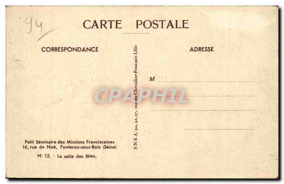 Fontenay sous Bois - Petit Seminaire - La Salle des Fetes CPA  — Back