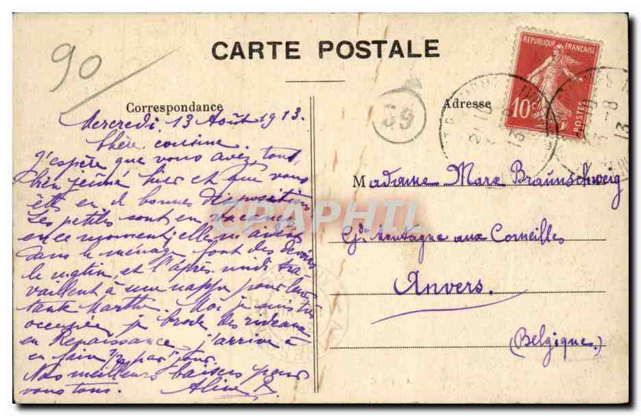 Belfort - La Place d'Armes et le Chateau CPA  — Verso