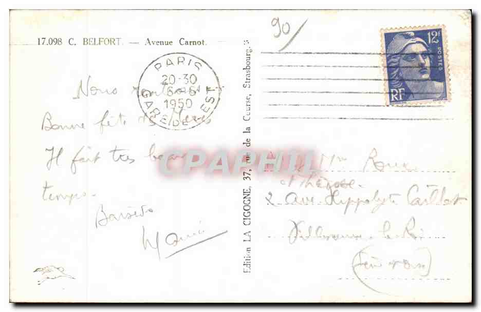 Belfort - Avenue Carnot CPA  — Verso