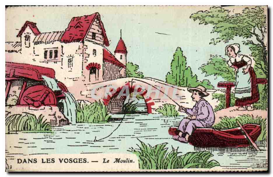 Dans les Vosges - Le Moulin - La Peche - Pecheur - Fishing - Illustration - CPA 