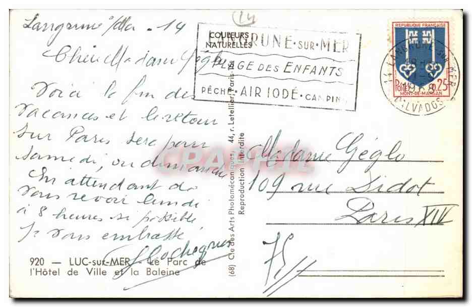 CPSM Luc sur Mer Le parc de l'hotel de ville et la baleine — Verso