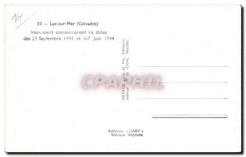 CPSM Luc sur Mer Monument commemorant les dates des 23 septembre 1941 et 6-7 juin 1944 — Verso