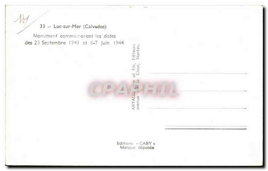 CPSM Luc sur mer Monument commemorant les dates des 23 septembre 1941 et 6-7 juin 1944 — Verso