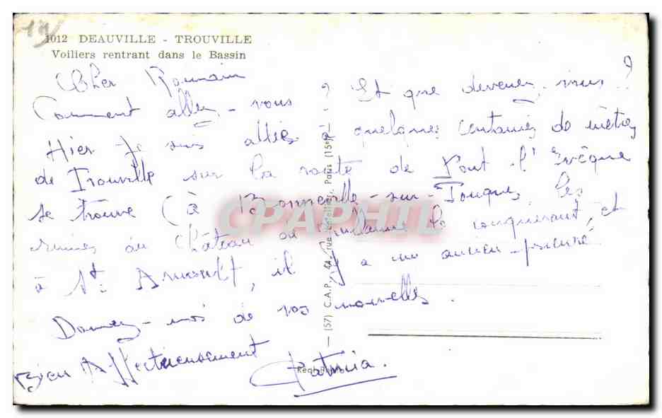 Deauville - Trouville — Voiliers rentrant dans le Bassin — C.A.P. n°1012 — Verso