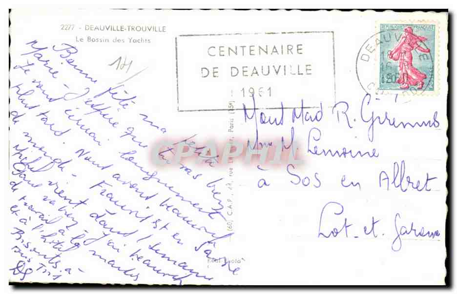 Il bacino dei yacht a Deauville — Centenario di Deauville 1951 — editore C.P.A.P. n°160 — Verso
