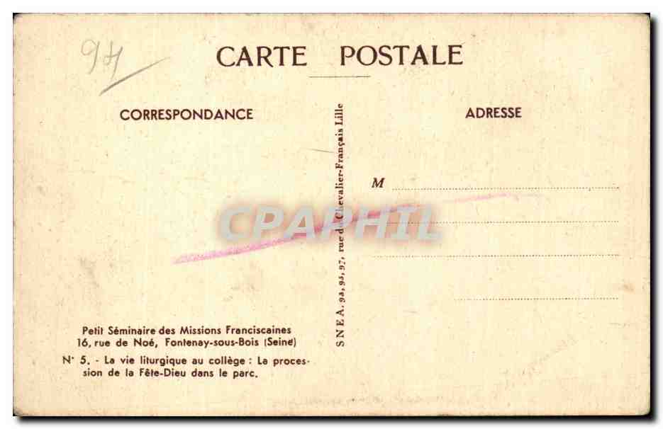 CPA Petit seminaire des missions fransiscaines Rue de Noe Fontenay sous Bois Procession de la fete dieu dans le parc — Back
