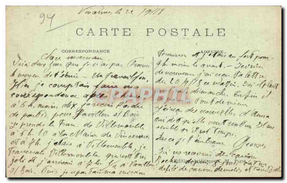 Vincennes — Le Fort — Sortie sur le quartier d'Artillerie — C.M. — Verso