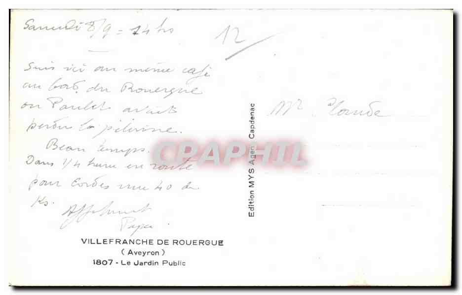 Villefranche de Rouergue — Le Jardin Public — Edition MYS Agen Capdenac — Rückseite